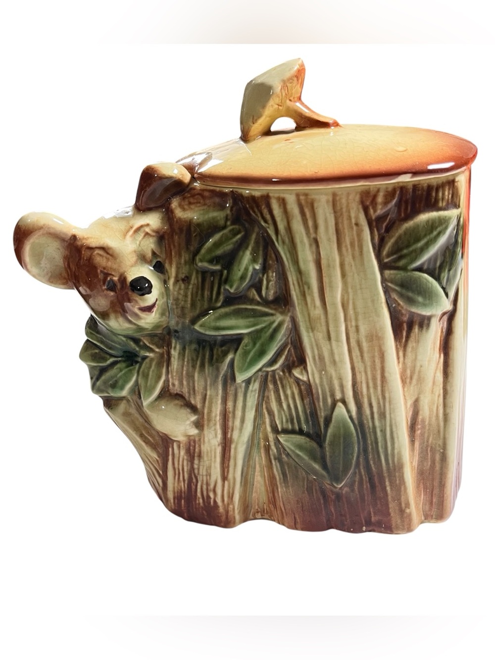 Vtg MCM McCoy Pottery Honey Bear Cookie Jar 1950s Koala Tree Trunk Mushroom Lid